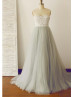 Grey Lace Tulle Long  Prom Dress